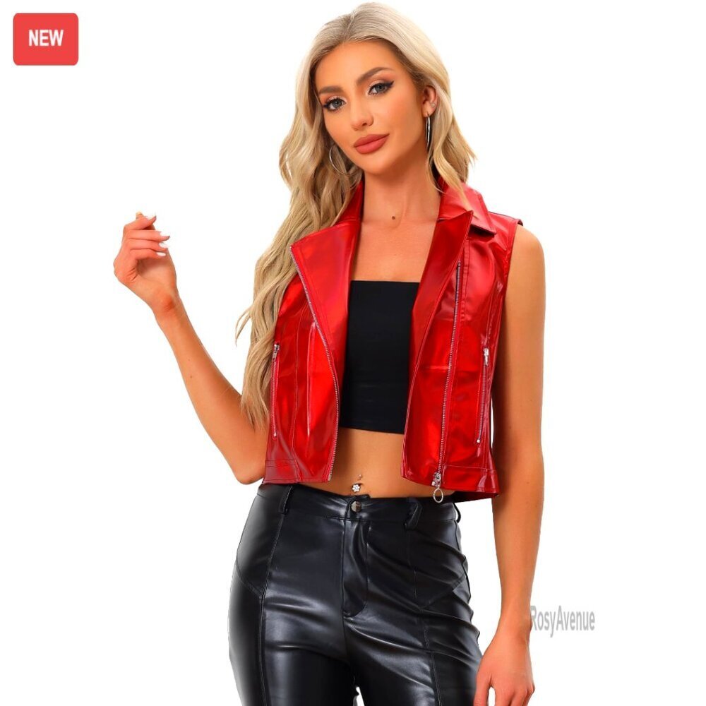 Metallic Faux Leather Vest Lapel Collar Sleeveless Cropped Jacket